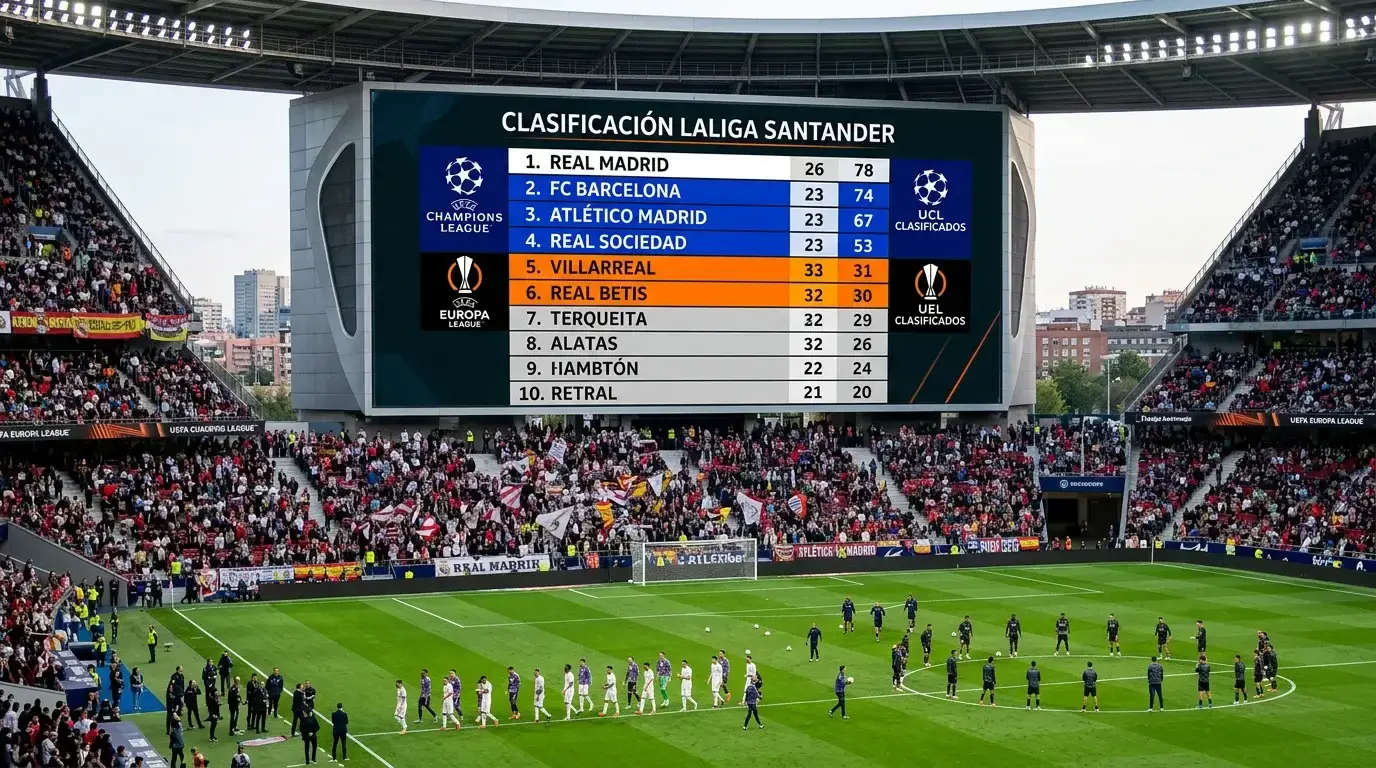 Tabla de posiciones de LaLiga con las plazas de clasificación europea para Champions League y Europa League en Primera División