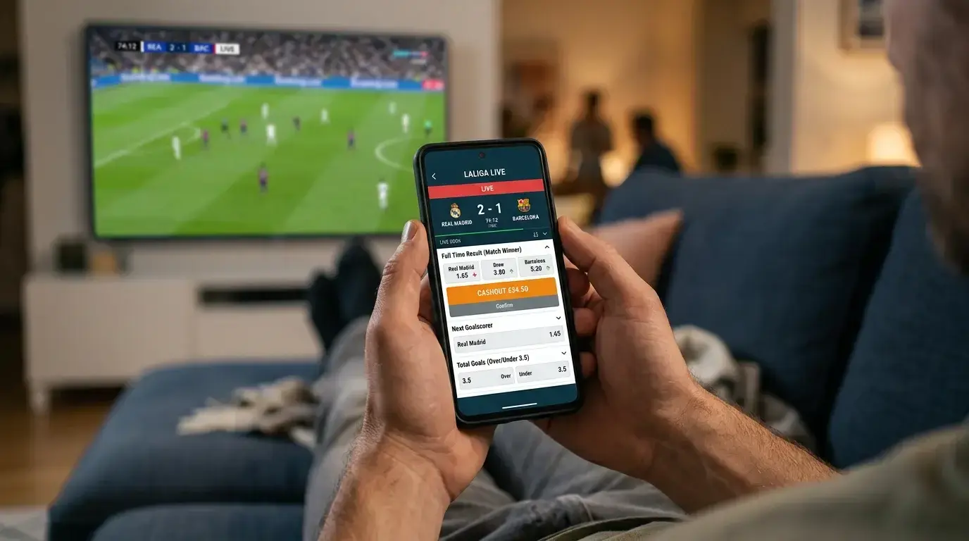 App de apuestas en LaLiga EA Sports desde smartphone con funciones de live betting y cashout en Primera División
